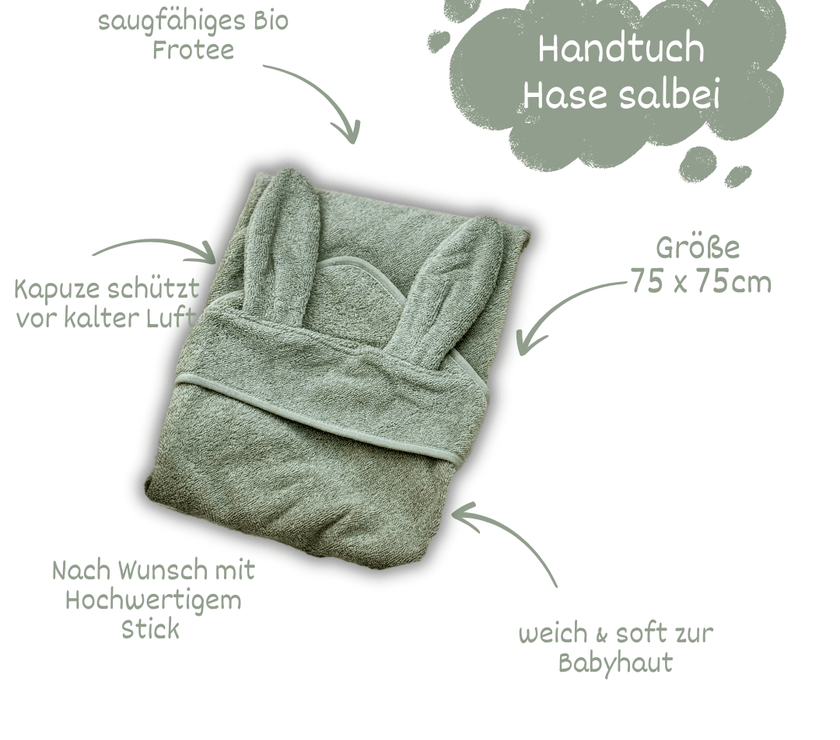 Baby Kapuzenhandtuch Hase Salbei – 100% Bio - Baumwolle - bergkindl