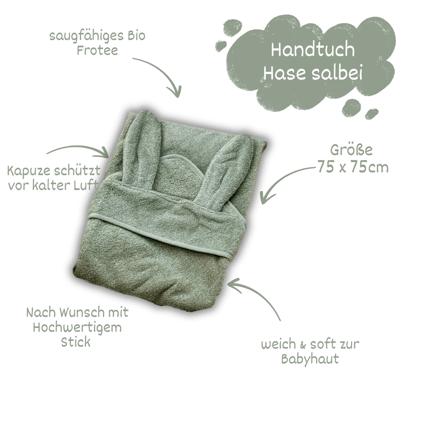 Baby Kapuzenhandtuch Hase Salbei – 100% Bio - Baumwolle - bergkindl