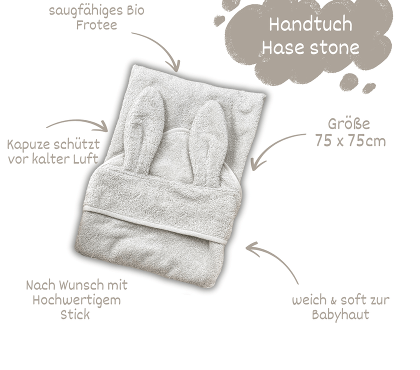 Baby Kapuzenhandtuch Hase Stone – 100% Bio - Baumwolle - bergkindl