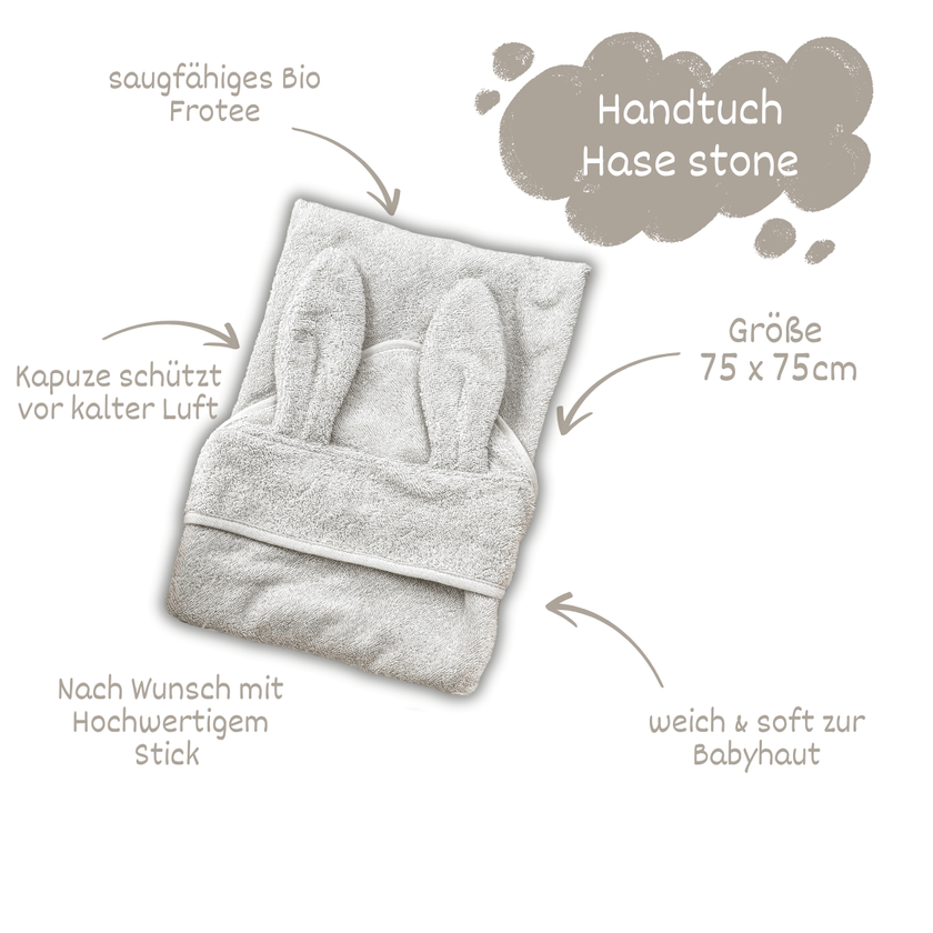 Baby Kapuzenhandtuch Hase Stone – 100% Bio - Baumwolle - bergkindl