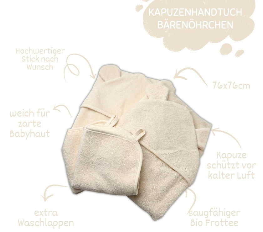 Creme Kapuzenhandtuch mit Bärenohren & Waschlappen - bergkindl