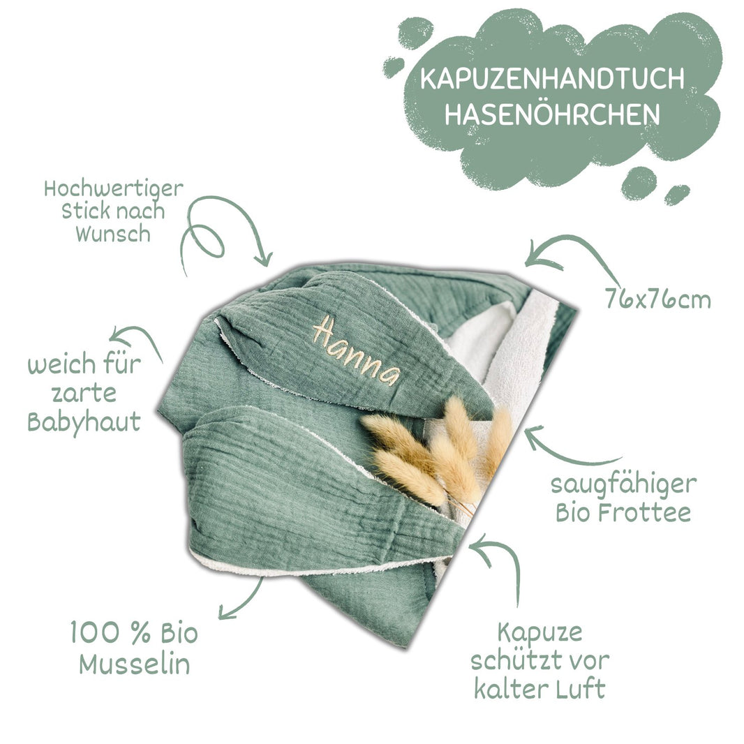 Mintgrünes Kapuzenhandtuch aus 100% Baumwolle - bergkindl